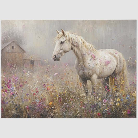 Dekoupage Whimsical White Horse Field of Blume Seidenpapier (Vorderseite)