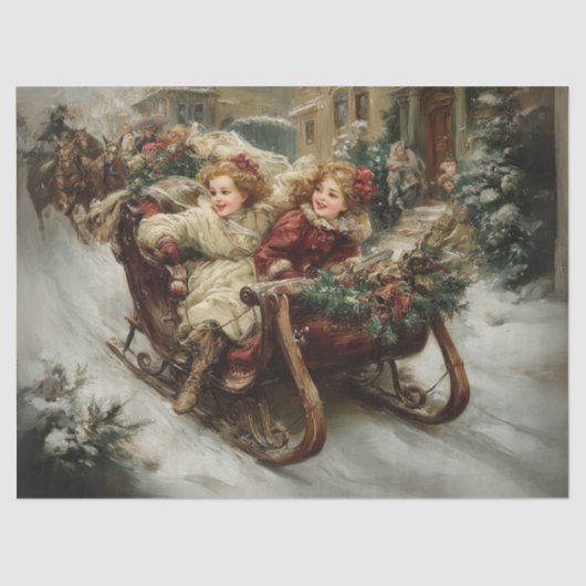 Dekoupage Winter Scene Children in Sleight Seidenpapier (Vorderseite)