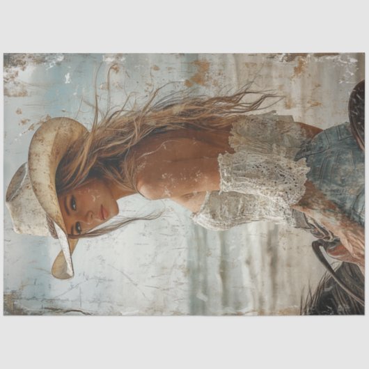 Dekoupage Worn Foto von Blonde Cowgirl auf Pferd Seidenpapier (Vorderseite)