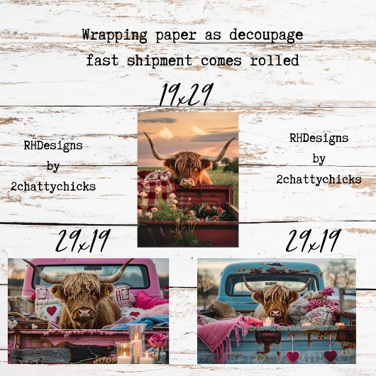 Dekupage Highland-Rinder Rustikale Kunst Geschenkpapier Set