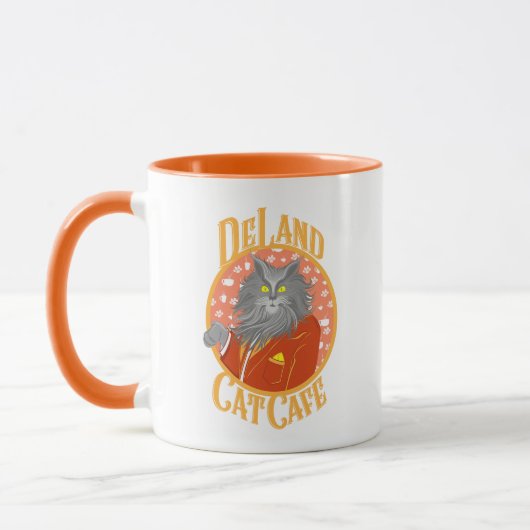 DeLand Cat Cafe's Henry DeCat-Logo in orangefarben Tasse (Links)
