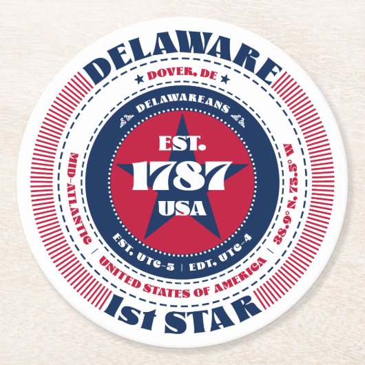 Delaware Red White Blue Typografy Paper Untersetze Runder Pappuntersetzer (Vorderseite)