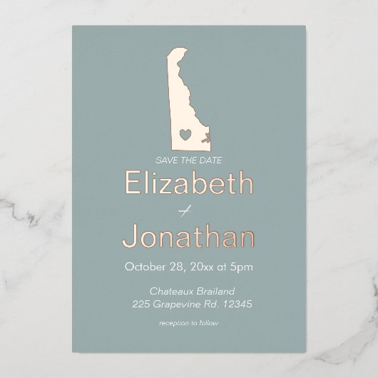 Delaware Staat Map Save the Date Rosen Gold Folieneinladung (Vorderseite)