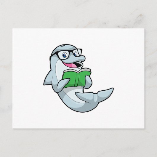 Delfin als Streber mit Brille und Buch Postkarte (Vorderseite)