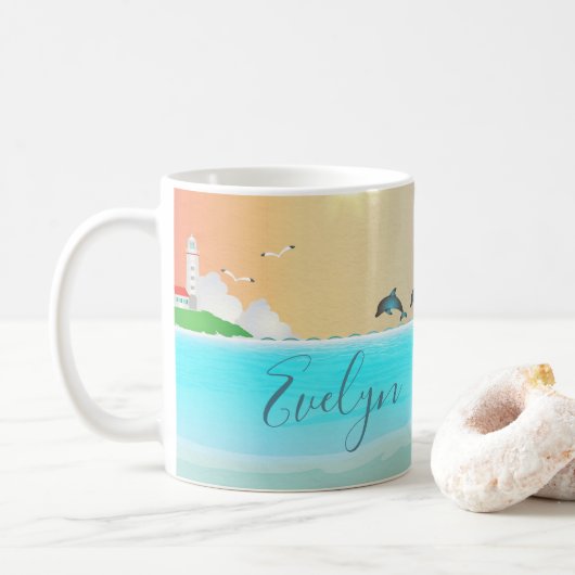 Delfin am Strand Kaffeetasse (Mit Donut)