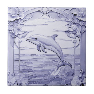 Delfin Art Nouveau Faux-Relief Blau und Weiß Links Fliese