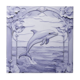 Delfin Art Nouveau Faux-Relief Blau und Weiß Recht Fliese