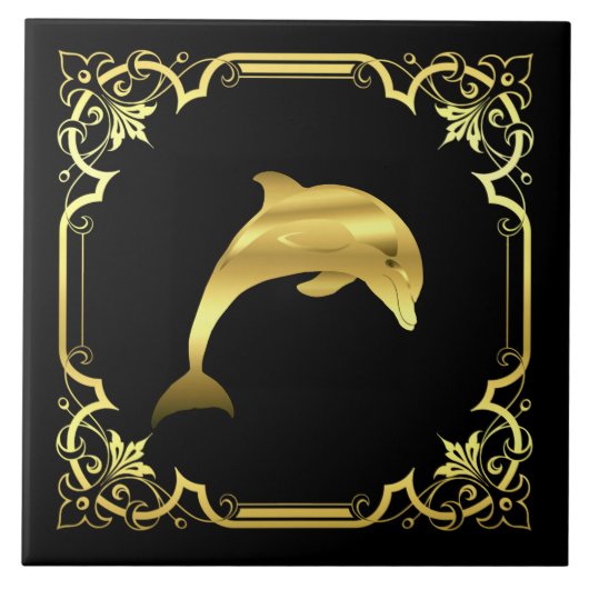 Delfin im Nautischen Meer Silhouette/Gold/Schwarz Fliese (Vorderseite)