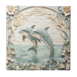 Delfin-Paar Art Nouveau Faux-Relief 2 Delfine Fliese