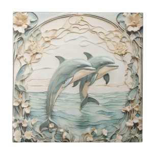 Delfin-Paar Art Nouveau Faux-Relief Mintblau Fliese