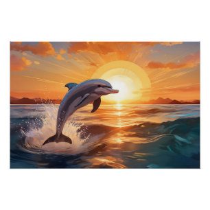 Delfin springt bei Sonnenuntergang im Ozean Poster