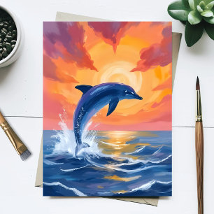 Delfin Sprung Sonnenuntergang Wasserfarbe Ozean Ge Postkarte