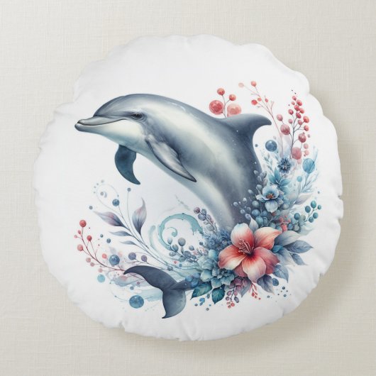 Delfin und Blume Rundes Kissen (Vorderseite)