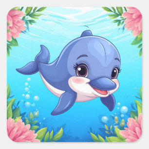 Delfin und Blumen für Ozeanliebhaber Quadratischer Aufkleber