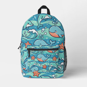 Delfin-Wal-Muster-Rucksack – Ozeanwellen-Design Bedruckter Rucksack