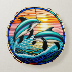 🐬 Delfine Sonnenuntergang Ozean Springen Küstenid Rundes Kissen