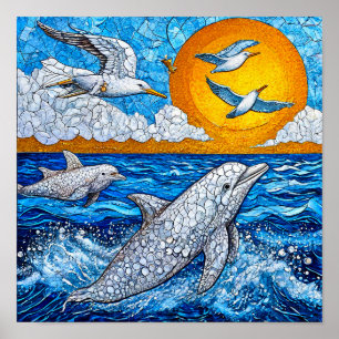 Delfine und Möwen Ozean-Mosaik Küste Poster