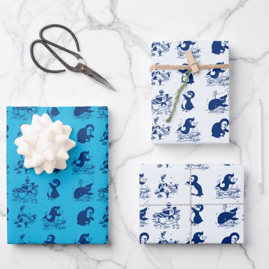 Delfine, Wale und Pinguine Geschenkpapier Set (Vorderseite)