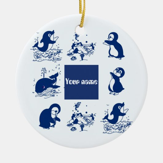 Delfine, Wale und Pinguine Keramik Ornament (Vorne)