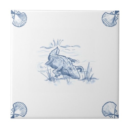 Delft-Alligatorfliese mit Muschel-Ecken Fliese (Vorderseite)