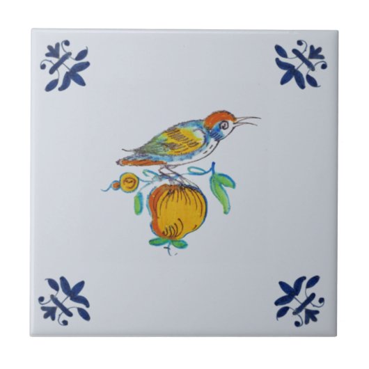 Delft Bird auf Zweig mit Fruit Repro c. 1650 Fliese (Vorderseite)