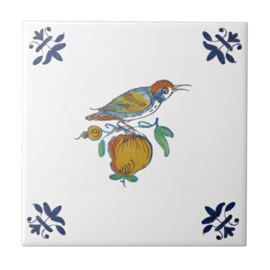 Delft Bird auf Zweig mit Fruit Repro c. 1650 Tile Fliese (Vorderseite)