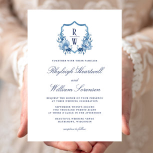 Delft-Blau-Aquarell-Monogramm-Wappen-Hochzeit Einladung