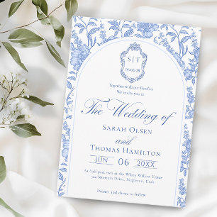 Delft-Blau-Chinoiserie-Monogramm-Hochzeit Einladung