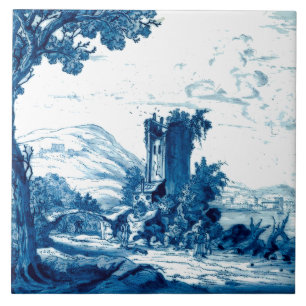 Delft-Blau-Landschaft & Figuren Antikes Druckbild Fliese