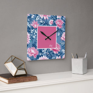 Delft-Blau & Rosa Vintage Schöne Gartenblumen Quadratische Wanduhr