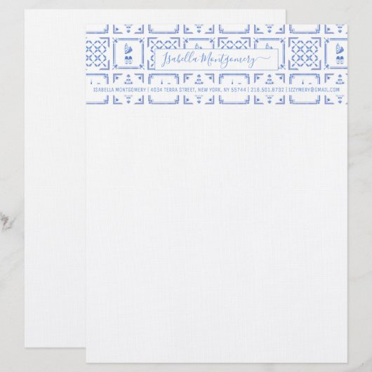 Delft Blau- und Weißfliesen | Monogramm Briefbogen (Vorne/Hinten)