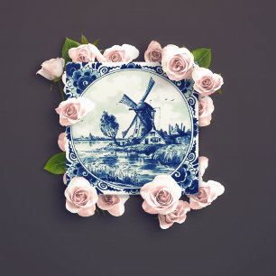 Delft-Blau-Vintage-Windmühle und Bauernhaus-Malere Magnet