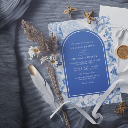 Delft Blau Weiße Chinois Blumen QR-Code Hochzeit Einladung
