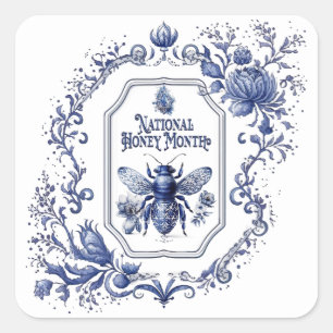 Delft Blaue Honigbiene & Blumen Quadratischer Aufkleber