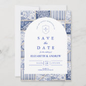 Delft Blaues Patchwork-Toile-Hochzeit Save The Date (Vorderseite)