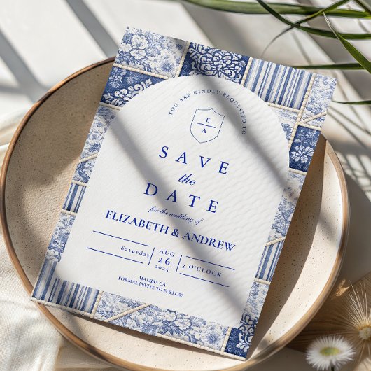 Delft Blaues Patchwork-Toile-Hochzeit Save The Date