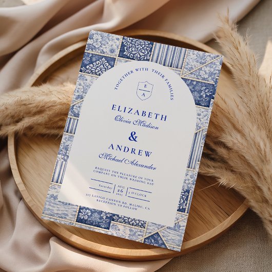 Delft Blaues Patchwork-Toile-Hochzeitstuch Einladung