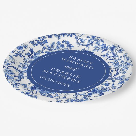 Delft Blue Antique Chinoiserie Hochzeit Pappteller (Schrägansicht)
