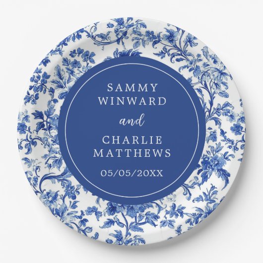 Delft Blue Antique Chinoiserie Hochzeit Pappteller (Vorderseite)