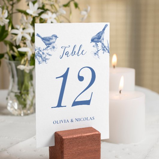 Delft Blue Birds Frühlings-Hochzeitstischkarte Tischnummer