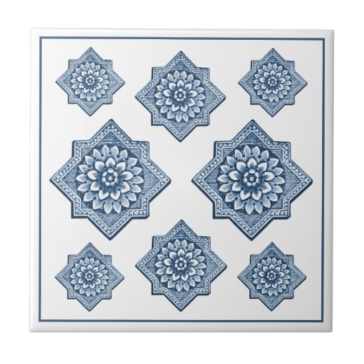 Delft Blue China look Ornamental Floret Pattern Fliese (Vorderseite)