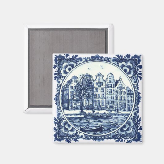 Delft Blue City Buildings and Waterfront Painting Magnet (Vorderseite/Rückseite)