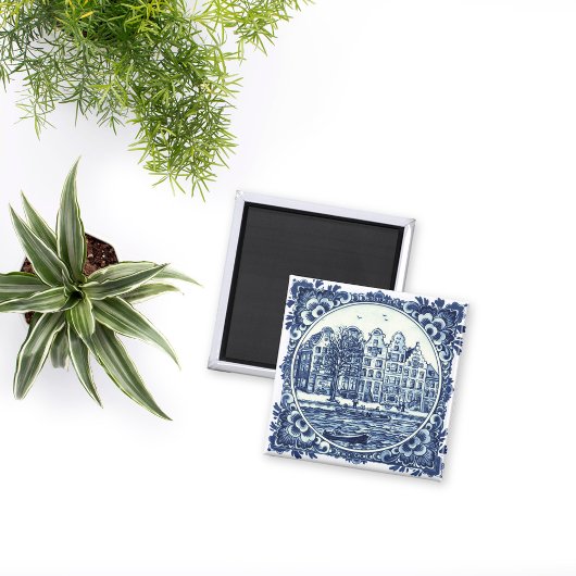 Delft Blue City Buildings and Waterfront Painting Magnet
