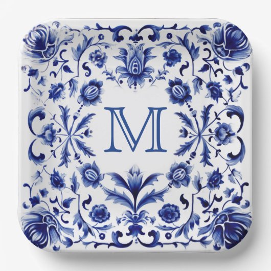 Delft Blue Design Monogram Pappteller (Vorderseite)