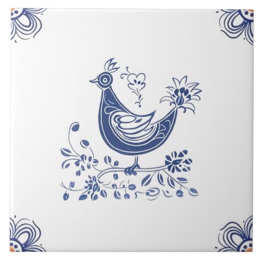 Delft Blue Dutch Style Bird Blume Indigo Fliese (Vorderseite)