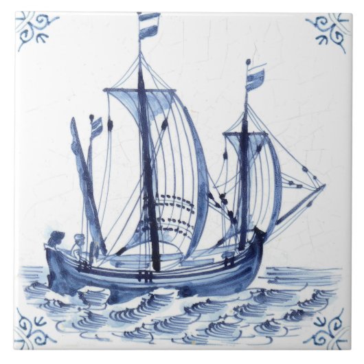 Delft Blue Dutch Style Frigate Schooner Segelboot Fliese (Vorderseite)
