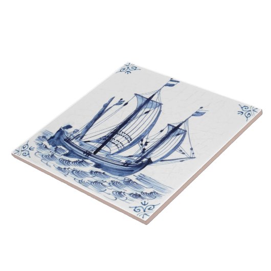 Delft Blue Dutch Style Frigate Schooner Segelboot Fliese (Seite)