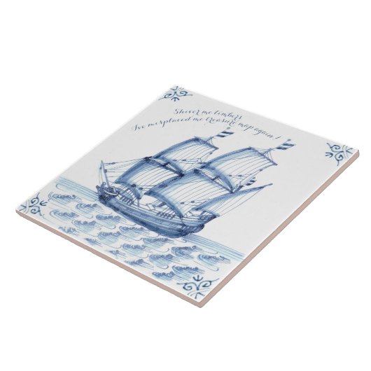 Delft Blue Dutch Style Frigate Schooner Segelboot Fliese (Seite)