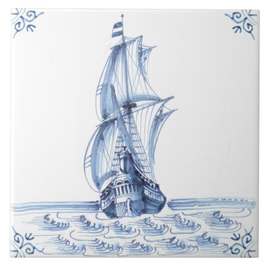 Delft Blue Dutch Style Frigate Schooner Segelboot Fliese (Vorderseite)
