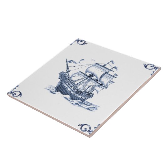 Delft Blue Dutch Style Frigate Schooner Segelboot Fliese (Seite)